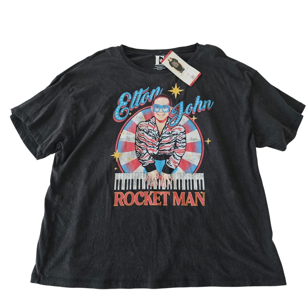Elton John Rocket Man Women's‎ Graphic T-Shirt Black Cotton Short Sleeve XL NWT